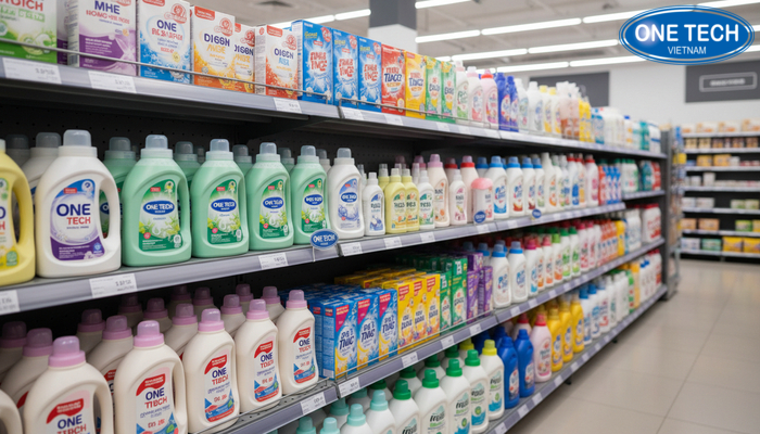 Kệ trưng bày nước giặt trong siêu thị Khu hóa mỹ phẩm siêu thị sử dụng kệ trưng bày nước giặt gọn đẹp