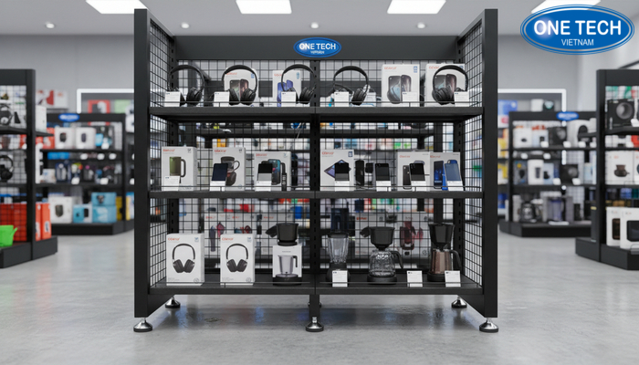 Khung kệ vững chắc, chân tăng chỉnh giúp kệ trưng bày đồ điện ổn định