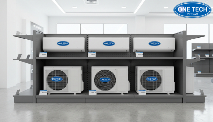 Thi công kệ trưng bày điều hoà MTKDM108 Hình ảnh lắp đặt kệ trưng bày điều hoà MTKDM108 tại showroom, khoảng cách lối đi và vị trí tem giá hợp lý