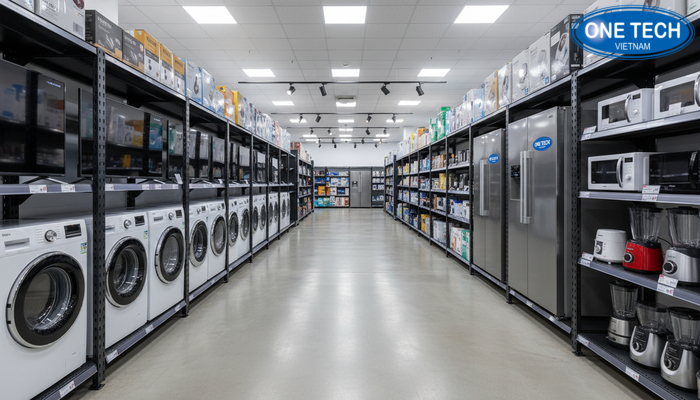 Bố trí lối đi thoáng giữa các dãy kệ siêu thị trưng bày điện máy