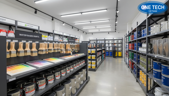 Sơ đồ minh họa lối đi và cách bố trí kệ trưng bày sơn nước cho cửa hàng dài hẹp