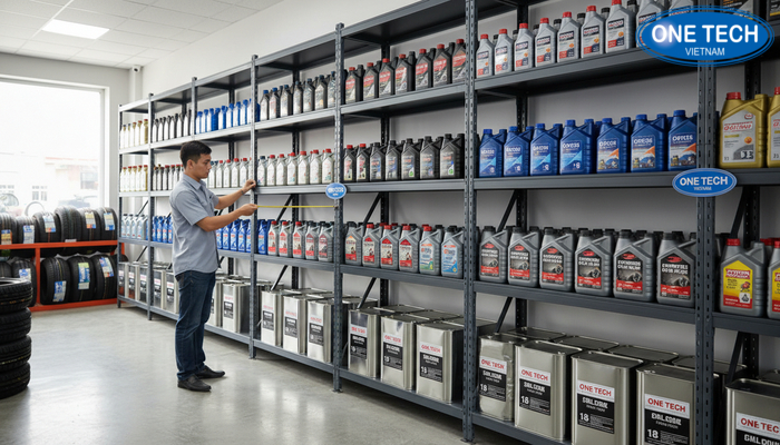 Minh họa chọn kệ theo kích thước và tải trọng phù hợp dầu nhớt