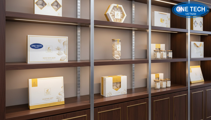 Mẫu kệ trưng bày yến sào sang trọng Mẫu kệ trưng bày yến sào hiện đại, phối ánh sáng và màu sắc sang trọng