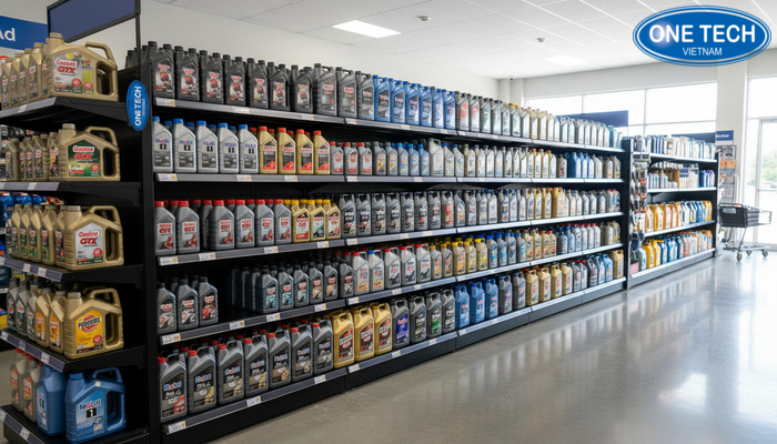 Minh họa bố trí kệ dầu nhớt theo luồng di chuyển trong cửa hàng