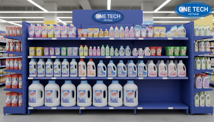 Kích thước kệ trưng bày nước giặt theo dung tích Minh họa kích thước kệ phù hợp chai và can nước giặt 1 đến 5 lít