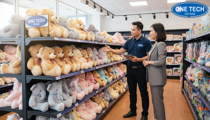 Nhan vien tu van va lap dat ke trung bay tai cua hang