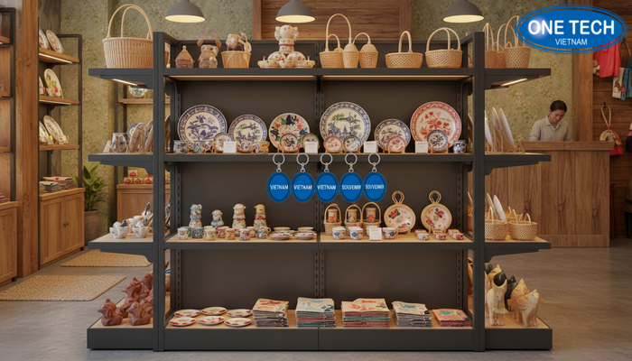 Phối màu kệ trưng bày quà tặng lưu niệm Phối màu kệ hài hòa phong cách cửa hàng quà tặng lưu niệm