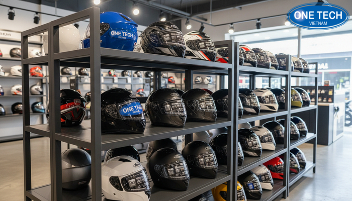 Mẫu kệ trưng bày mũ bảo hiểm thực tế với khung chắc, bề mặt dễ vệ sinh