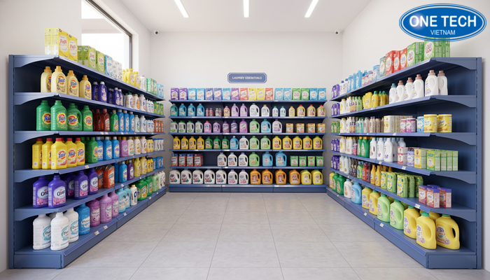 Bố trí kệ trưng bày nước giặt cho cửa hàng nhỏ Sơ đồ gợi ý bố trí kệ nước giặt trong cửa hàng nhỏ tối ưu lối đi