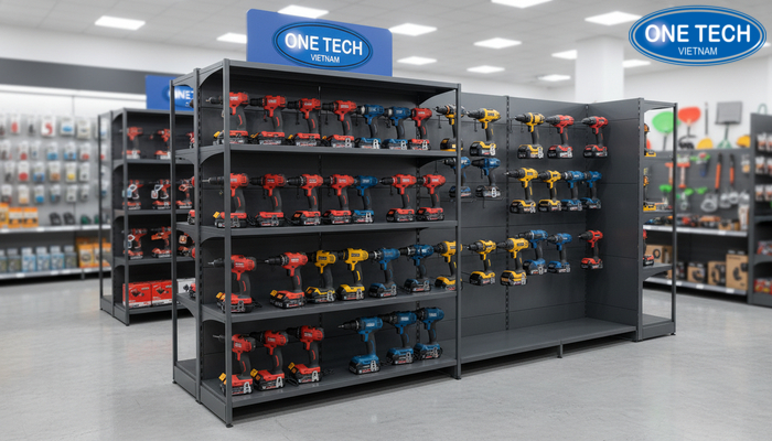 Sơ đồ các kiểu kệ trưng bày máy khoan Sơ đồ minh họa kệ để máy khoan đứng và kệ treo máy khoan pin