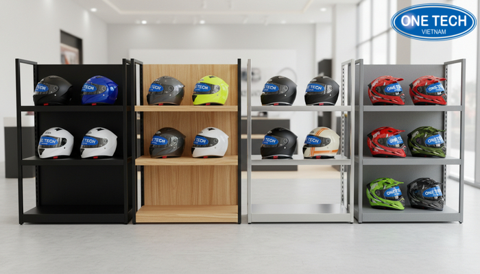 So sánh chất liệu kệ để mũ bảo hiểm: sắt sơn tĩnh điện, gỗ MDF, inox, nhựa ABS