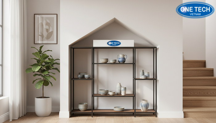 Kệ gốm sứ cho góc chết và gầm cầu thang Tận dụng gầm cầu thang làm khu trưng bày gốm sứ với kệ đa tầng nhỏ gọn