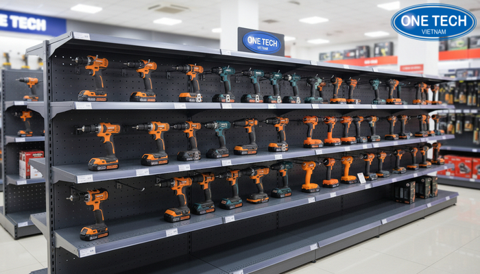 Thiết kế mo-dun cho kệ trưng bày máy khoan Minh họa kệ trưng bày máy khoan thiết kế mo-dun dễ tháo lắp