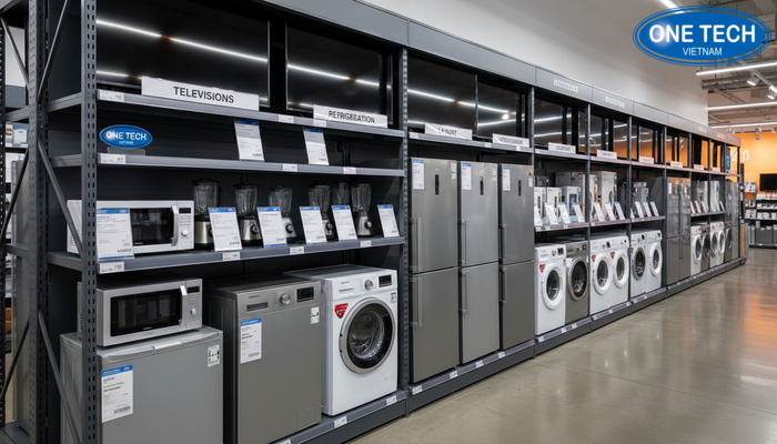 Trưng bày đồ điện khoa học trên kệ, nhãn mác rõ ràng, dễ so sánh