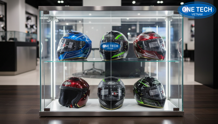 Tủ kính để mũ bảo hiểm có đèn giúp sản phẩm nổi bật, sạch bụi