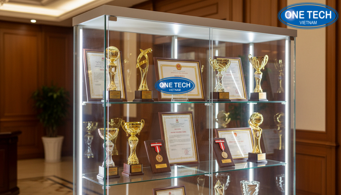 Tủ kệ trưng bày cúp bằng khen có đèn LED Tủ kính có đèn LED dùng trưng bày cúp và bằng khen
