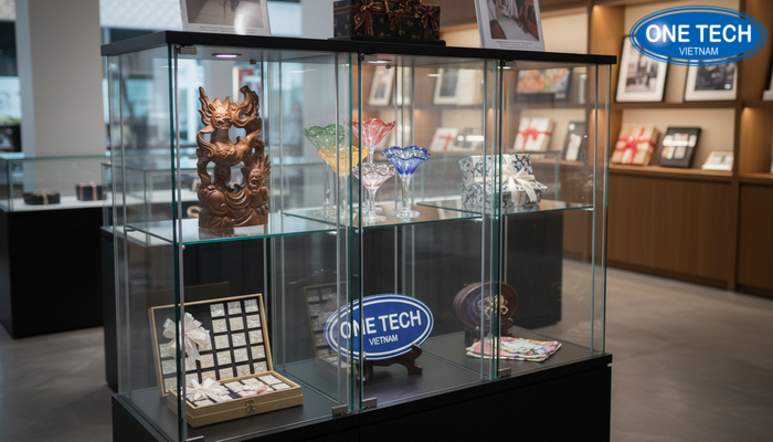 Tủ kính trưng bày đồ lưu niệm cao cấp Tủ kính trưng bày đồ mỹ nghệ, quà tặng giá trị cao, chống bụi