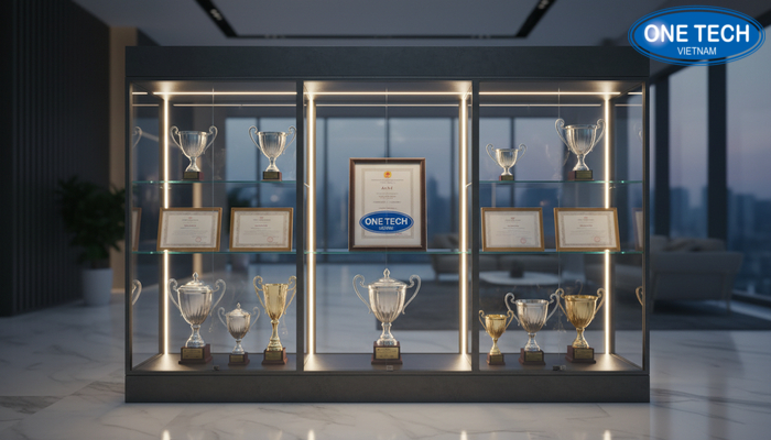 Tủ kệ trưng bày cúp bằng khen có LED viền Tủ trưng bày cúp bằng khen phong cách hiện đại có đèn LED viền