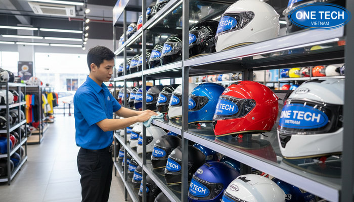 Vệ sinh kệ trưng bày mũ bảo hiểm đúng cách giúp kệ luôn sáng đẹp