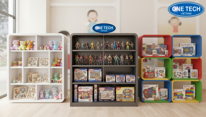 Bảng so sánh chất liệu kệ trưng bày đồ chơi trẻ em: gỗ MDF, sắt sơn tĩnh điện, nhựa ABS