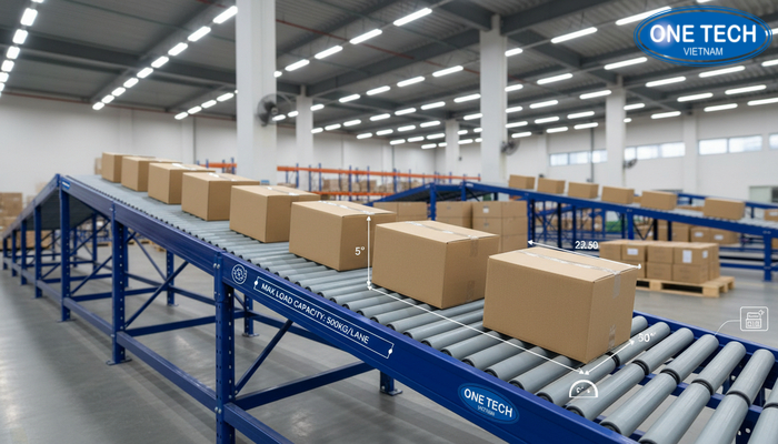 Bảng thông số kỹ thuật kệ con lăn minh họa góc nghiêng, tải trọng, kích thước lane theo thùng carton