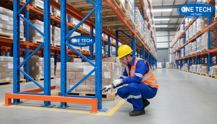 Ảnh minh họa kiểm tra ray và bảo vệ chân cột kệ drive in trong bảo trì định kỳ