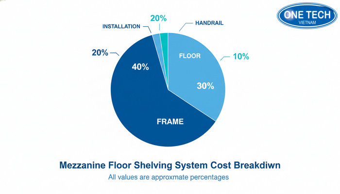 Biểu đồ cơ cấu chi phí kệ sàn Mezzanine theo hạng mục khung, sàn, lan can và lắp đặt