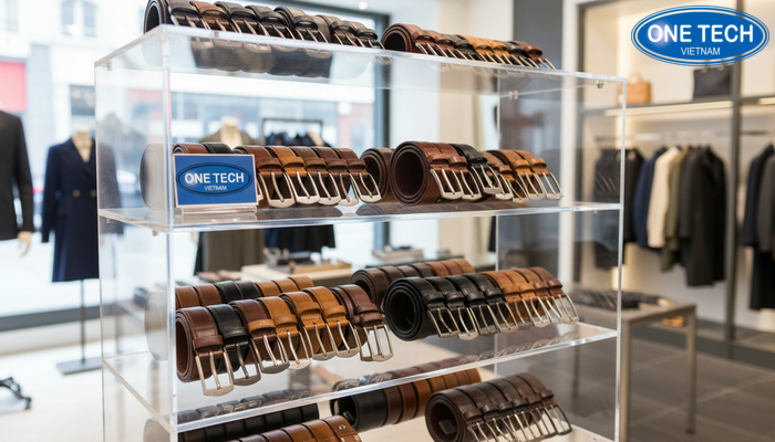Ứng dụng kệ trưng bày thắt lưng trong cửa hàng Bố trí kệ trưng bày thắt lưng mica trong cửa hàng giúp gọn và thu hút