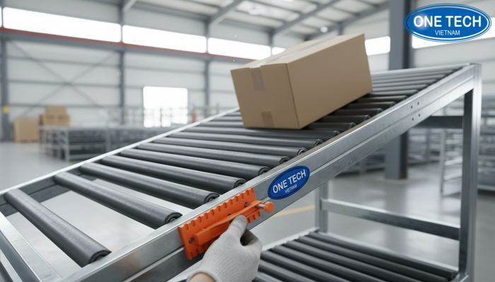 Minh họa cân chỉnh độ nghiêng kệ con lăn để tránh kẹt hàng và giảm tiếng ồn