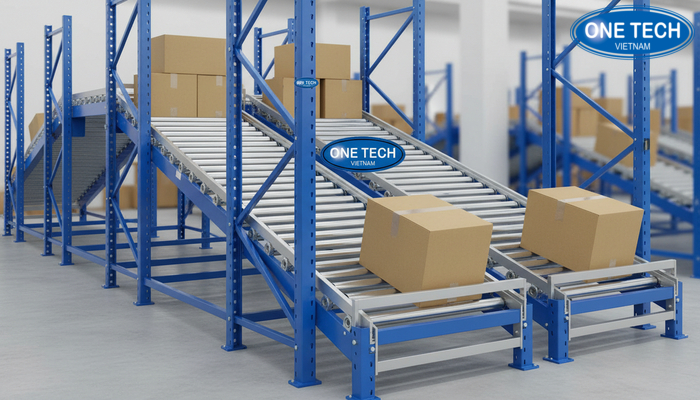 Sơ đồ cấu tạo kệ con lăn gồm khung kệ, ray, con lăn và vị trí nhập xuất