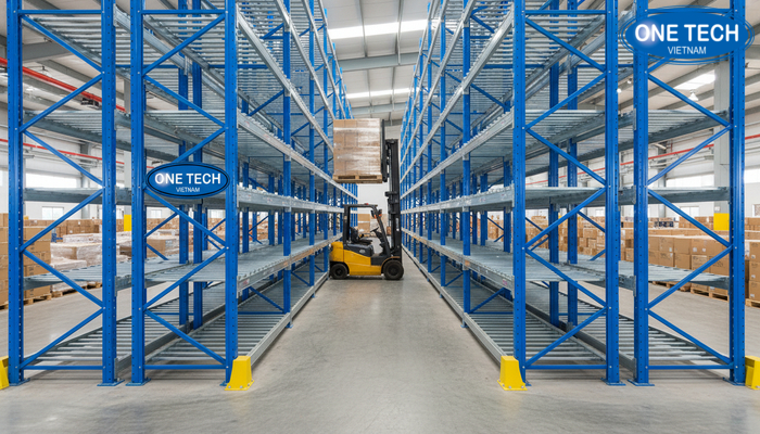 Minh họa cấu tạo kệ drive in gồm khung cột, ray đỡ pallet và vùng xe nâng đi vào