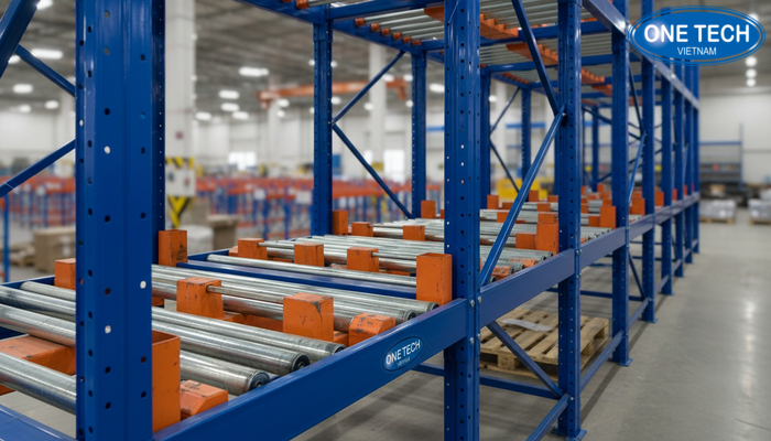 Cau tao khung thep ray truot va gia do pallet cua ke Push Back