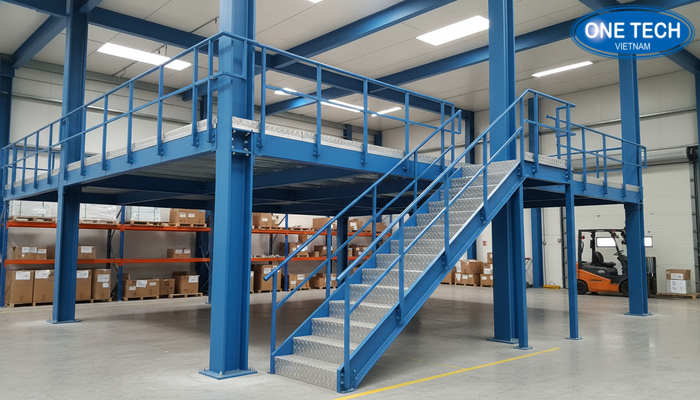 Cấu trúc cơ bản của kệ sàn Mezzanine gồm khung chịu lực, sàn tầng lửng, cầu thang và lan can
