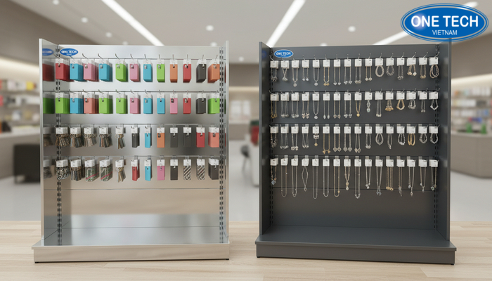 Minh họa chất liệu kệ móc treo phụ kiện inox và thép sơn tĩnh điện