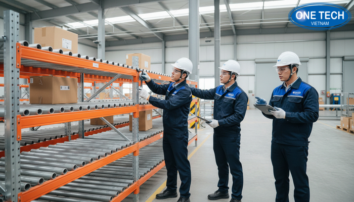 Đội ngũ kỹ thuật viên OneTech thi công lắp đặt kệ con lăn và căn chỉnh độ nghiêng