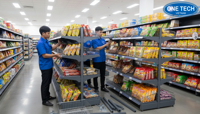 Đội ngũ kỹ thuật hỗ trợ lắp đặt kệ rổ mì tận nơi, đảm bảo kệ vững và đúng layout