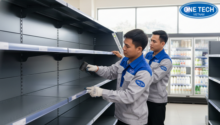 Đội ngũ kỹ thuật lắp đặt kệ trưng bày sữa chắc chắn, đúng kỹ thuật