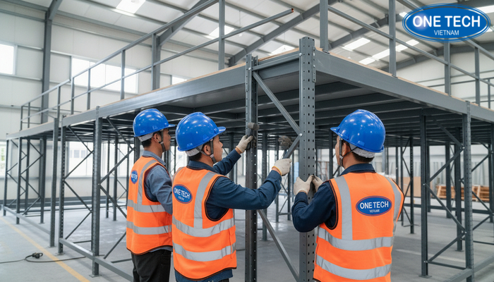 Đội ngũ thi công OneTech lắp đặt kệ sàn Mezzanine theo quy trình an toàn và đúng kỹ thuật