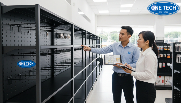 Đội ngũ hỗ trợ tư vấn chọn kệ móc treo phụ kiện theo mặt bằng cửa hàng