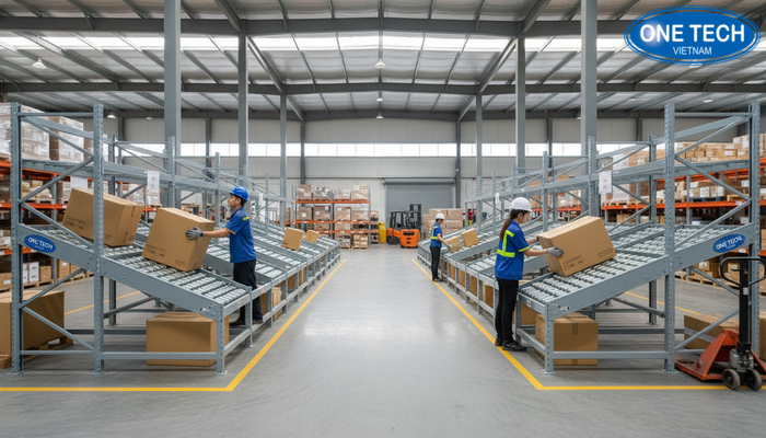 Hình ảnh thực tế kệ con lăn do OneTech triển khai, khu vực nhập và xuất tách biệt