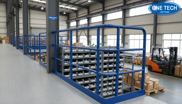 Cận cảnh sàn tầng lửng, lan can và khu soạn hàng trong dự án OneTech tại Thanh Hóa