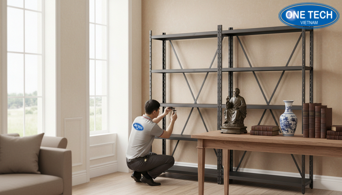 Hình ảnh lắp đặt kệ trưng bày đồ cổ thực tế cho khách hàng