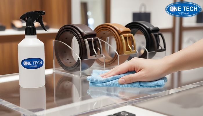 Vệ sinh kệ trưng bày thắt lưng mica Các bước vệ sinh kệ trưng bày thắt lưng mica bằng khăn mềm và dung dịch phù hợp