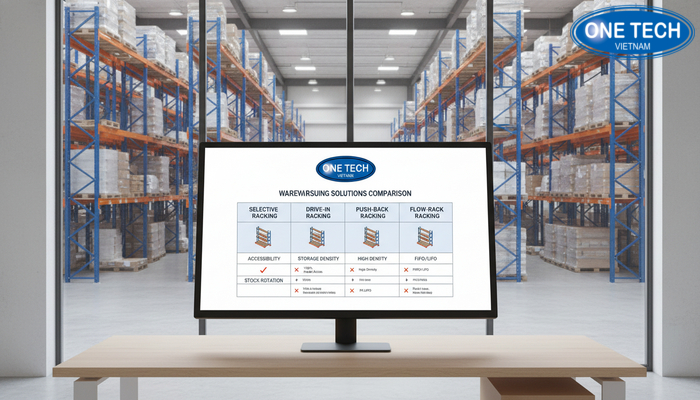 So sánh kệ selective và các hệ kệ pallet Infographic so sánh kệ selective với Drive-in, Push-back, Flow-rack