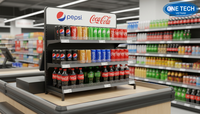 Kệ để bàn Pepsi Coca có header và mica bảo vệ bảng giá