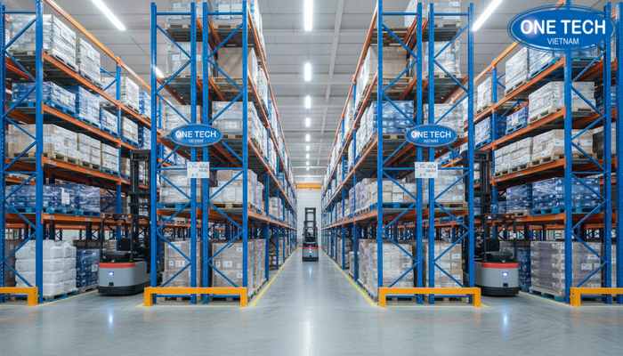 Hình minh họa kho sử dụng kệ drive in kết hợp robot hoặc xe nâng tự hành