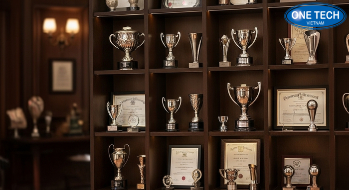 Kệ gỗ cổ điển trưng bày cúp Kệ gỗ cổ điển trưng bày cúp và bằng khen, bố cục trang trọng