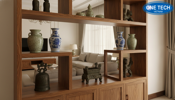 Kệ gỗ tự nhiên kiểu giả cổ trưng bày đồ cổ trong phòng khách