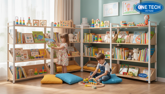 Kệ góc thư viện đồ chơi kết hợp góc đọc tạo không gian khám phá cho bé