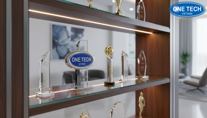 Kệ kính đèn LED trưng bày cúp Kệ kính đèn LED trưng bày cúp nổi bật, phù hợp sảnh và phòng họp